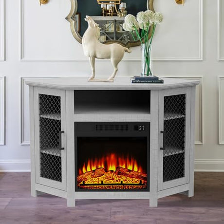 47" Corner Fireplace TV Stand Up to 55" TVs with 18" Electric Fireplace, Rustic Media TV Stands for Living Room, Television Stands with Adjustable Shelves, Entertainment Media Stand (Gray) ELEVARAWOOD
