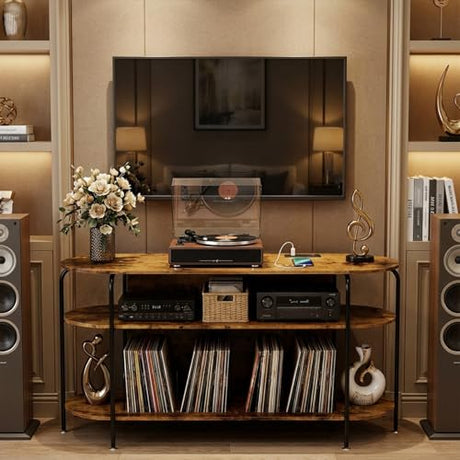 Faesun Large Record Player Stand with Vinyl Record Storage & Power Outlets, Holds 200+ Albums, 3-Tier Turntable Stand for Living Room & Bedroom, Mid Century Round Shelf Design,Vintage Faesun