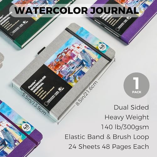 Funto Watercolor Journal, 8.5x5.5, 48 Pages, Cold-Pressed, Inner Paper Pocket and Elastic Band, Art Supplies for Mixed Media Funto