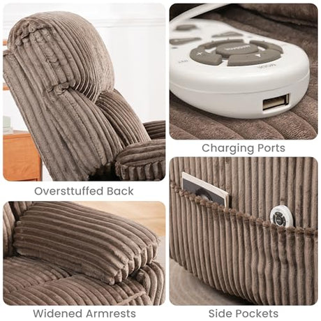 SUNWAVE Power Recliner Chair, Electric Swivel Rocker Recliner with Massage and Heat, Hybrid Corduroy Recliner, USB Remote, Tool-Free Assembly SUNWAVE