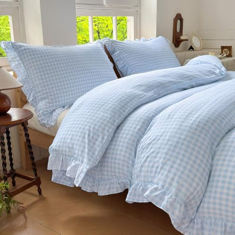 NSNLGSGC Light Blue Gingham Ruffle Duvet Cover Twin Size, 2 Pieces Soft Pre-Washed Microfiber Checked Plaid Comforter Cover Set, Vintage Farmhouse Bedding Set(Blue Gingham, Twin 68"x90") NSNLGSGC