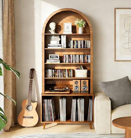 Limaoaio Large Record Player Stand with Vinyl Storage,6-Tier Arched Record Player Table Holds Up 350+ Albums, Turntable Stand with CD/DVD Rack,Vinyl Record Storage for Living Room(Walnut, 31.49''W) Limaoaio