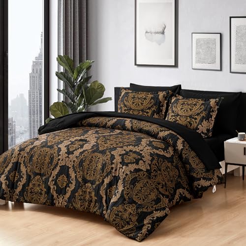 WONGS BEDDING Black Comforter Set King Size, Gold Damask Texture 7 Pieces Bed in a Bag Microfiber Comforter Bedding Sets -1 Comforter, 1 Flat Sheet, 1 Fitted Sheet, 2 Pillow Shams, 2 Pillowcases WONGS BEDDING