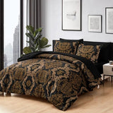 WONGS BEDDING Black Comforter Set King Size, Gold Damask Texture 7 Pieces Bed in a Bag Microfiber Comforter Bedding Sets -1 Comforter, 1 Flat Sheet, 1 Fitted Sheet, 2 Pillow Shams, 2 Pillowcases WONGS BEDDING