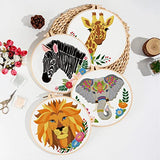 ORIGACH 4 Pcs Wild Animal Embroidery Starters Kit for Beginners, Zebra Lion Elephant Giraffe Embroidery Stitch Practice kit Include Embroidery Cloth, Embroidery Hoops, Threads and Needles