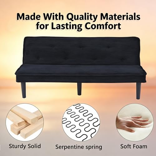 ODOLAR 66” Armless Corduroy Sofa Bed, 2-in-1 Convertible Sleeper Sofa with Tufted Back, Soft Skin-Friendly Fabric Small Futon for Apartments, Living Room, Bedroom (Black) ODOLAR