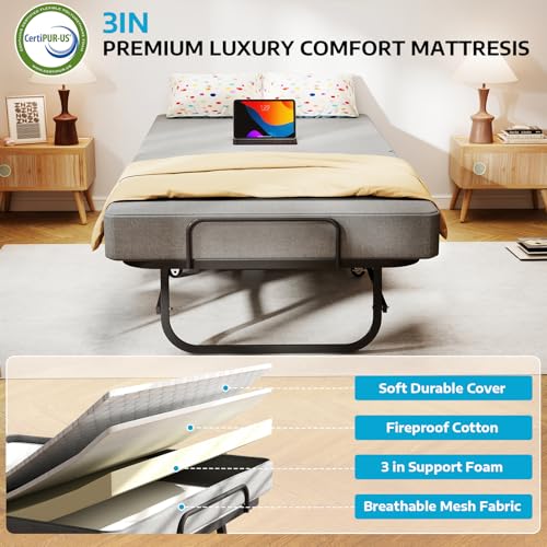 SADENICEL Folding Bed with Mattress for Adults, Portable Foldable Roll Away Bed on Wheels, Memory Foam Mattress and Metal Frame, Space Saving Fold Up for Easy Storage, 75" x 31" SADENICEL