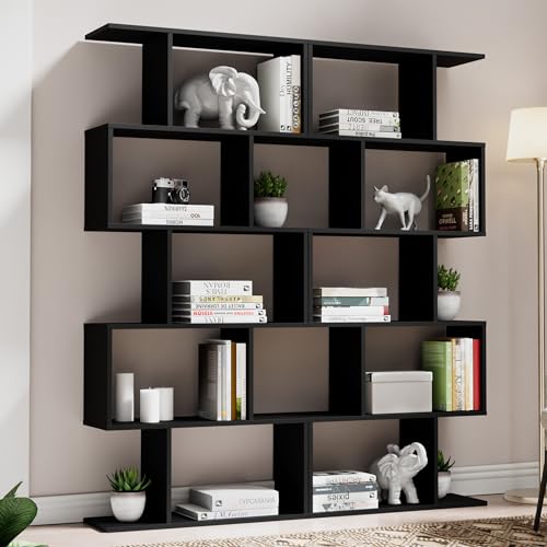 S-Shaped Black Geometric 5-Tier Bookcase – Modern Room Divider & Organiser - WoodArtSupply