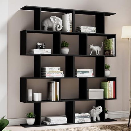 S-Shaped Black Geometric 5-Tier Bookcase – Modern Room Divider & Organiser Cozy Castle
