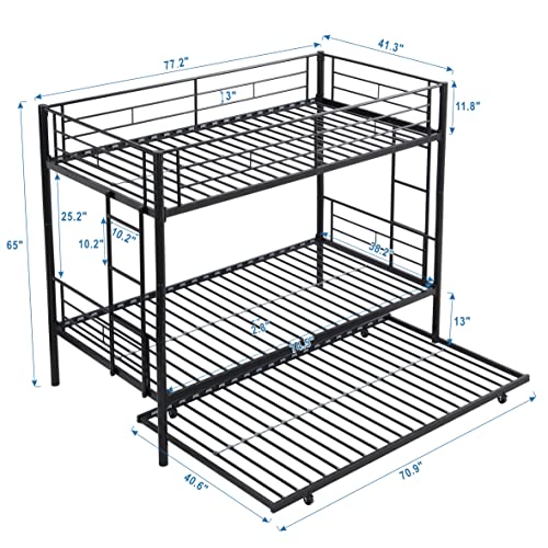 KEIKI Twin Over Twin Size Metal Detachable Bunk Bed Frame with Ladder, Trundle and Guardrail, Modern Style Bunk Beds with Slats, No Box Spring Required, Easy Assembly, for Bedroom or Dormitory, Black KEIKI
