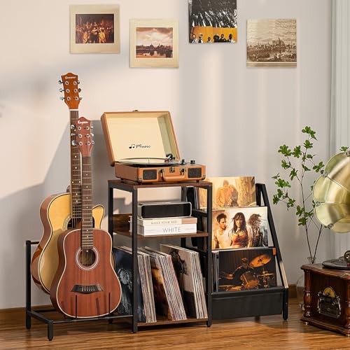 LELELINKY Record Player Stand, Adjustable Guitar Stand for Acoustic Guitar, Electric Guitar, Bass, Turntable Stand with Vinyl Display Shelf Storage Up to 150 Albums,Brown End Table for Music Room LELELINKY