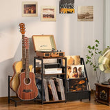 LELELINKY Record Player Stand, Adjustable Guitar Stand for Acoustic Guitar, Electric Guitar, Bass, Turntable Stand with Vinyl Display Shelf Storage Up to 150 Albums,Brown End Table for Music Room LELELINKY