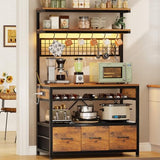 Itaar Bakers Rack with Storage and Power Outlet, 35.4 inch Coffee Bar Cabinet, Microwave Stand Kitchen Cabinet with Hutch, LED Lights, Wine Rack and Hooks, Rustic Brown