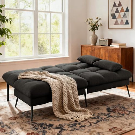 COMHOMA Convertible Futon Sofa Bed, 72″Fabric Futons Couch with Adjustable Backrest, Folding Sleeper Recliner for Living Room Furniture (Black) COMHOMA