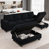 Belffin Velvet Convertible 4-Seat Sectional Sofa with Reversible Chaise L Shaped Sofa Couch Furniture Sets Sectional Couch with Storage Ottoman Black Belffin