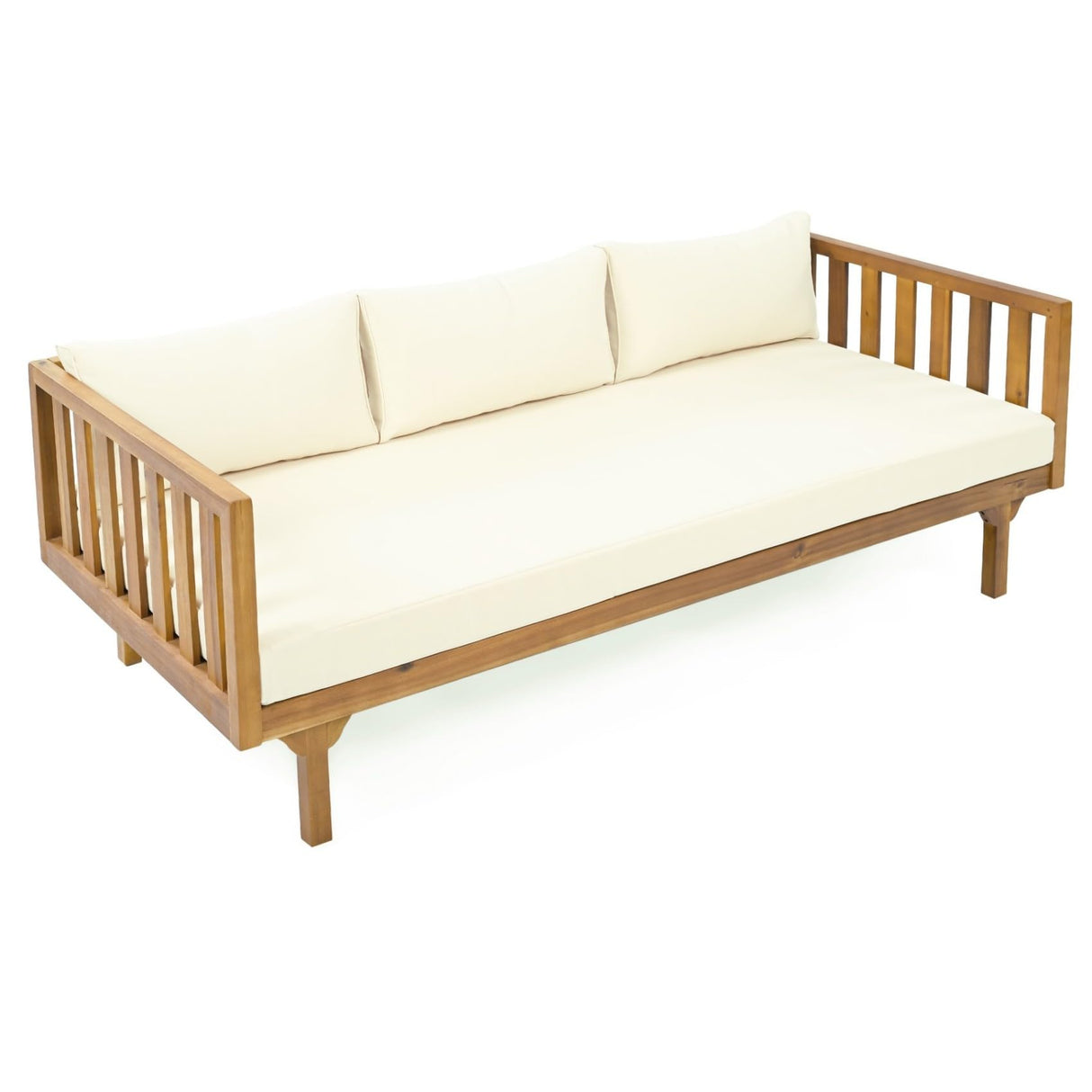 Merax Outdoor Acacia Wood Daybed, 3 Seater Day Bed Couch Sofa with Water Resistant Cushions for Patio Backyard, Garden Furniture, Beige Merax
