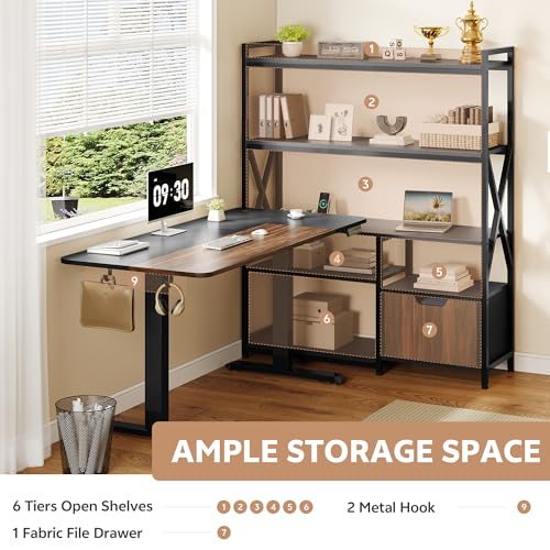 Homiflex 77.8 Inches L Shaped Standing Desk Corner Desk with Hutch Electric Height Adjustable Desk with Storage Shelves File Drawer Power Outlets Reversible Computer Gaming Desk for Home Office Black Homiflex