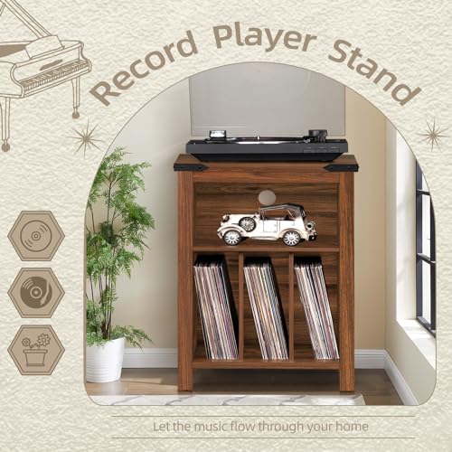 Record Player Stand with Vinyl Record Storage Holds up to 160 Albums,Large Wood Record Player Table Dispaly Shelf，Brown Turntable Stand Cabinet for Living Room,Bedroom,Office 7 Joaxswe