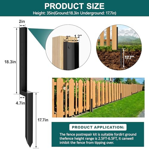 ZIIAMG Heavy Duty Steel Fence Post Repair Stakes,Fence Post Repair Kit,for Repair Tilted/Broken Wood Fence Post(1pcs Matte Black) - WoodArtSupply