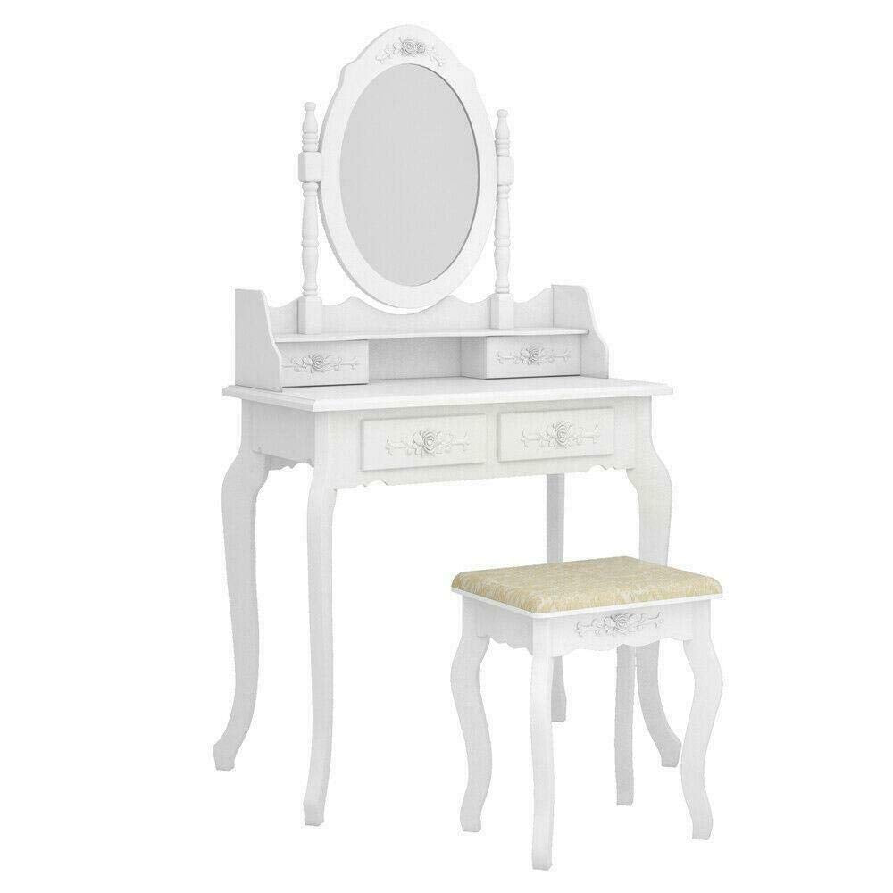 White Vanity Jewelry Makeup Dressing Table Set W/Stool 4 Drawer Mirror Wood Desk - WoodArtSupply