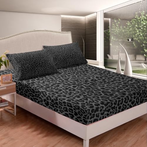 Erosebridal African Cheetah Sheet Set,Leopard Print Bed Sheets Set King Size for Kids Boys Girls,Grey Animal Skin Sheets,Wildlife Flat Fitted Sheet with 2 Pillowcases Deep Pockets Erosebridal