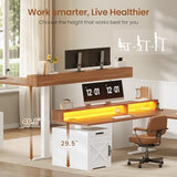 SEDETA Farmhouse L Shaped Standing Desk, 71" x 73" Height Adjustable Home Office Executive Desk with Drawers, Power Outlet, Monitor Stand, Sit Stand Table with Led Lights for Home Office, White SEDETA