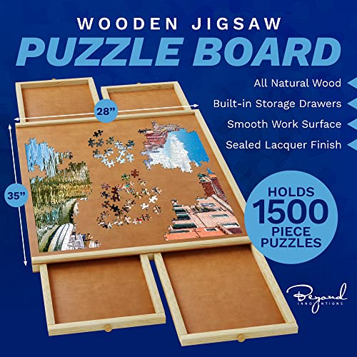 1500 Piece Wooden Jigsaw Puzzle Table - 4 Drawers, Rotating Puzzle Board | 35” X 28” Jigsaw Puzzle Board | Puzzle Cover Included - Portable Puzzle Tables for Adults and Kids by Beyond Innoven - WoodArtSupply