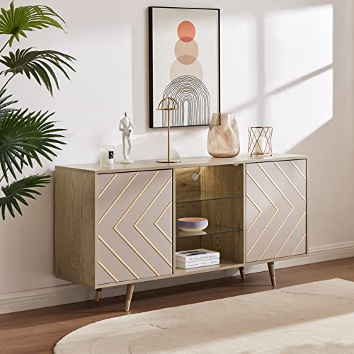 roomfitters Mid Century Modern TV Stand with Storage, Entertainment Center with LED Lights, Sideboard Credenza Buffect Cabinet, Media Console for Living Room (Geometric Grey, Gold Inlayed) roomfitters