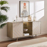 roomfitters Mid Century Modern TV Stand with Storage, Entertainment Center with LED Lights, Sideboard Credenza Buffect Cabinet, Media Console for Living Room (Geometric Grey, Gold Inlayed) roomfitters