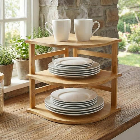 Goaste 3-Tier Bamboo Corner Shelf, Kitchen Countertop Storage Organizer, Cabinet Plate Rack for Pantry Organization, Bathroom, Desktop, 9.5 x 9.5 x 9.5 Inch Goaste