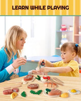 RRIBOUDWAN Wooden Play Food Toys, Food Pretend Playset Include Four Kinds of Steak, Pasta, Red Wine, Wine Glass, Vegetable Salad, Steak Dinner Game for 3+ Years Old Children RRIBOUDWAN