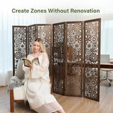 Folding Wood Room Divider Panel, 5.6 FT Tall Daisy-Carved Privacy Screen - Decorative Flower Carved Room Partition, No-Assembly Required, Ideal for Home and Office (6 Panel Brown) Svimi