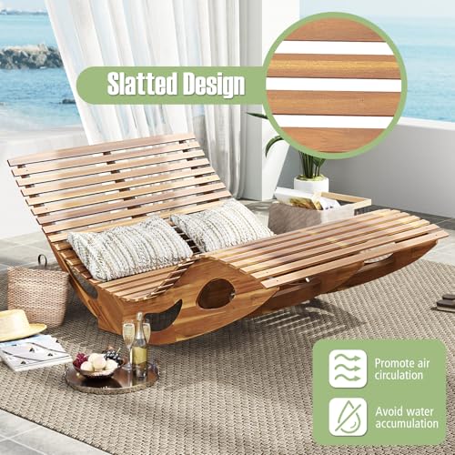 Tangkula Outdoor Double Chaise Lounge Chair, Acacia Wood Rocking Sunbed with Slatted Backrest and Seat, Wooden Loveseat Rocker for Patio, Garden and Poolside