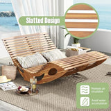 Tangkula Outdoor Double Chaise Lounge Chair, Acacia Wood Rocking Sunbed with Slatted Backrest and Seat, Wooden Loveseat Rocker for Patio, Garden and Poolside