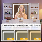 DWVO 56.3" Makeup Vanity with LED Lighted Mirror, Large Vanity Desk with RGB Glass Cabinets, Open Shelving, Built-in Power Strip & Cushioned Stool DWVO