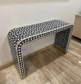 Black and White Geometric Pattern Mother of Pearl Inlay Console Table, Modern Entryway Accent Furniture with Gold Base Generic