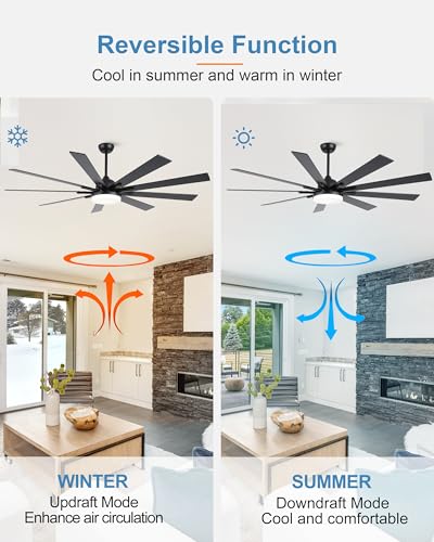 POCHFAN 72 inch Large Ceiling Fans with Lights and Remote Control, Modern Black Ceiling fan with 9 Wooden Blades for Kitchen Living Room Patio, Quiet DC Motor, 3 CCT Dimmable,6 Speed POCHFAN