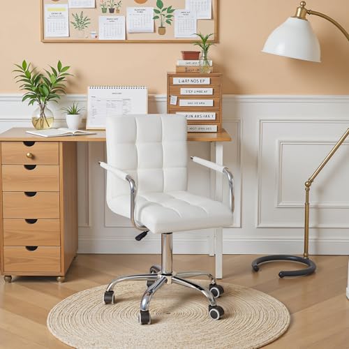 Furmax Vanity Office Chair with Wheels, Makeup PU Leather Executive Chair Modern Adjustable Home Desk Retro Comfortable Work Chair 360 Degree Swivel with Arms (White) Furmax