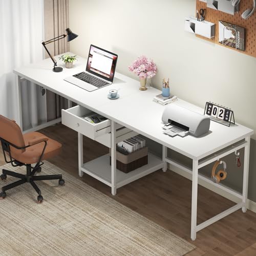 Tribesigns 79 Inch Extra Long Desk, Double Desk with 2 Drawers, Two Person Desk Long Computer Desk with Storage Shelves, Writing Table Study Desk for Home Office, White - WoodArtSupply