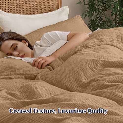 PHF 100% Natural Cotton Muslin Duvet Cover Set Queen Size, Ultra Soft Breathable Absorbent, Luxurious Minimalist Gauze Bedding for All Season, Duvet Set with 2 Pillow Shams, 90" x 90", Brown PHF