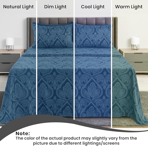 Ultra Soft Wrinkle-Free Microfiber Paisley King Sheet Set, Breathable Boho Bed Sheet Set – 16" Deep Pocket Fitted Sheet, Flat Sheet & 4 Pillowcases, Juegos de Sábanas, OEKO-TEX - Navy Blue LDC LUX DECOR COLLECTION