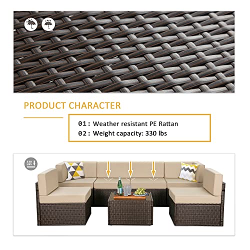 U-MAX 7 Piece Outdoor Patio Furniture Set, PE Rattan Wicker Sofa Set, Outdoor Sectional Furniture Chair Set with Cushions and Tea Table, Brown U-MAX