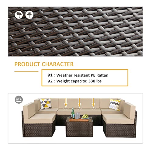 U-MAX 7 Piece Outdoor Patio Furniture Set, PE Rattan Wicker Sofa Set, Outdoor Sectional Furniture Chair Set with Cushions and Tea Table, Brown - WoodArtSupply