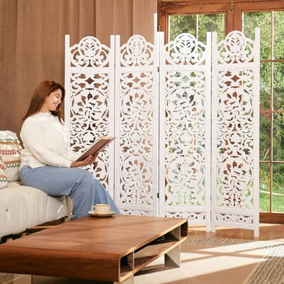 5.75Ft Room Divider Wood Screen, 33Lbs Durable MDF Carved Rustic Style Headboard, Reversible Freestanding Folding Partition Paravent for Home, 69 * 71 inch(H*W) - 4 Panels (Rustic White)