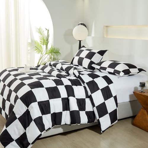 Anrenoti Black White Plaid Comforter Set, 3 Pieces Fluffy Gingham Checkered Down Alternative Comforter Full (79"x90"), Lightweight Microfiber Geometric Bedding with 2 Pillowcases for All Seasons Anrenoti