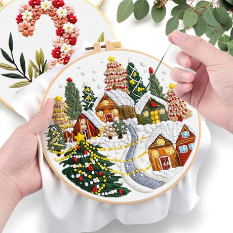 ERKOON Embroidery Kit for Beginners, 5 Sets Christmas Cross Stitch Set for Adults Include Embroidery Cloth Hoops Threads for Craft Lover Hand Stitch with Skill Techniques (Christmas#2) ERKOON