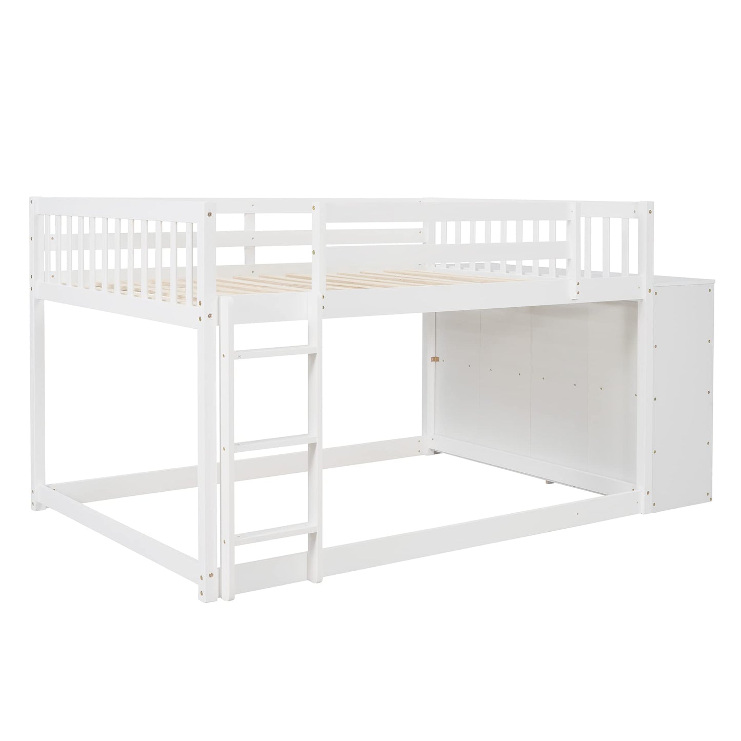 White Full Over Full Bunk Beds with Storage, Wooden Floor Bunk Beds with 4 Drawers & 3 Shelves, Low Bunk Bed Frame with Movable Cabinets, Full Loft Bed for Kids, Girls Boys, Teens, Adults