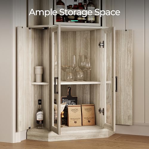 LINSY HOME Corner Bar Cabinet, 68.5" Tall Farmhouse Wine Cabinet with Rotating Liquor Shelves, Home Bar Cabinet with Barn Door & Adjustable Shelves for Dining Room, Living Room, Kitchen, Washed Gray LINSY HOME