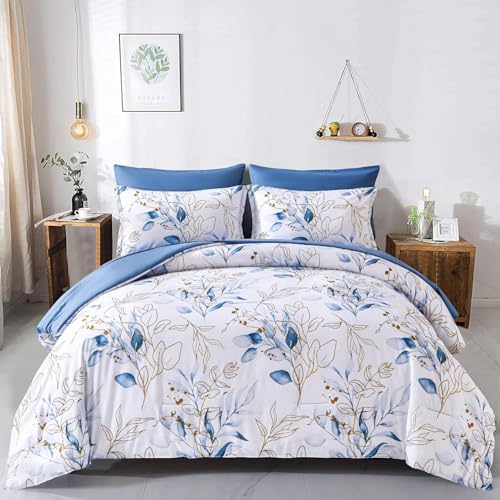 WONGS BEDDING 7 Pieces Blue Floral Bed in a Bag King, Botanical Comforter Set Reversible Blue Gold Leaves Bedding Set King (1 Comforter,2 Pillowcase,2 Pillow Shams,1 Flat Sheet,1 Fitted Sheet) WONGS BEDDING