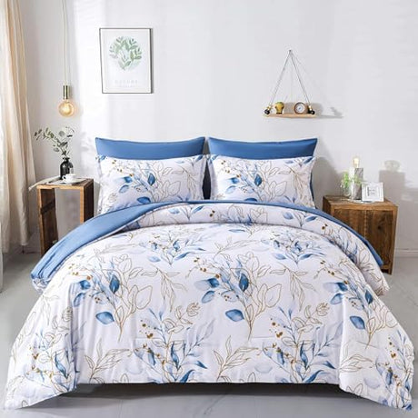 WONGS BEDDING 7 Pieces Blue Floral Bed in a Bag King, Botanical Comforter Set Reversible Blue Gold Leaves Bedding Set King (1 Comforter,2 Pillowcase,2 Pillow Shams,1 Flat Sheet,1 Fitted Sheet) WONGS BEDDING